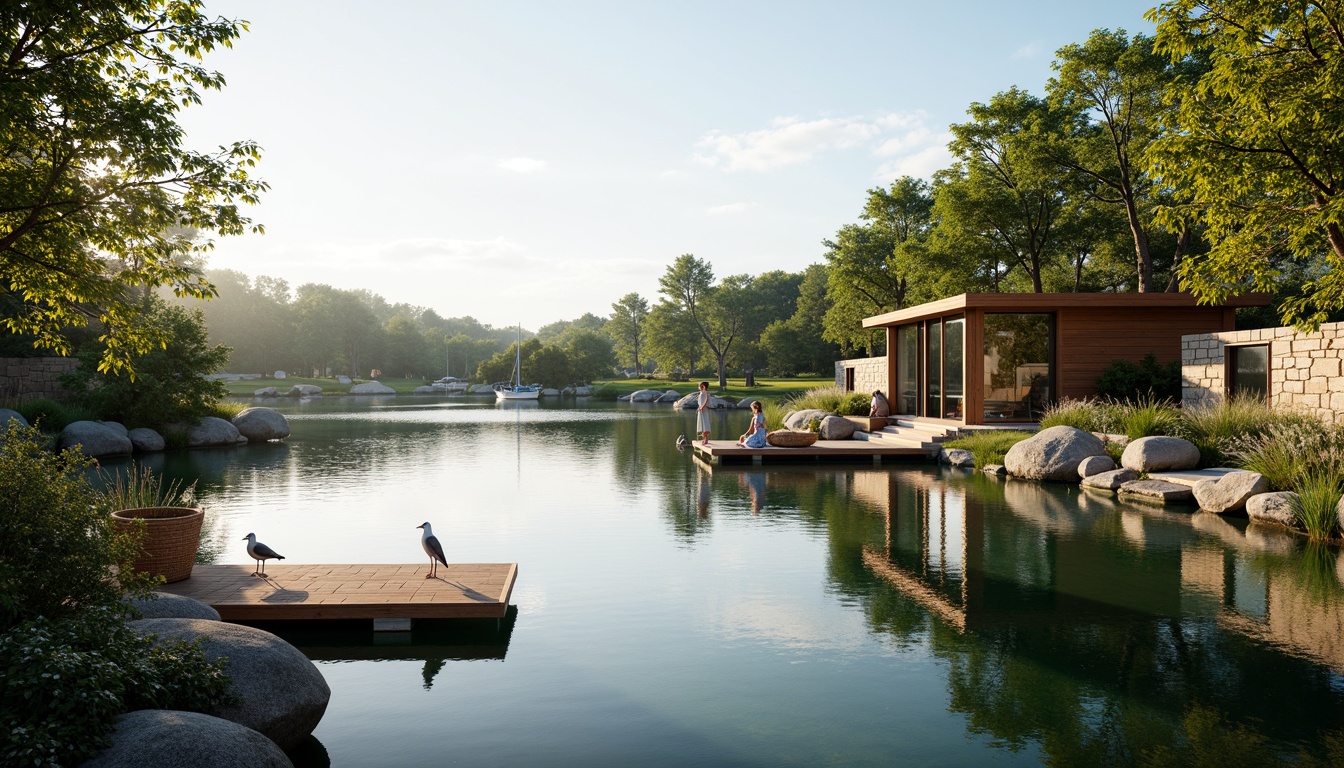 Prompt: Serene lakefront scenery, lush greenery, tranquil water reflections, wooden docks, sailboats, seagulls, rustic stone walls, modern minimalist architecture, large windows, sliding glass doors, natural wood accents, warm cozy lighting, shallow depth of field, 3/4 composition, panoramic view, realistic textures, ambient occlusion.