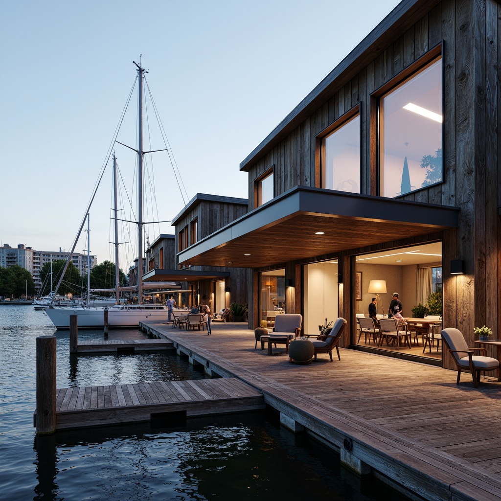 Prompt: Waterfront location, wooden dock, sailboats, nautical ropes, rustic boathouse, modern fenestration, large windows, sliding glass doors, minimalist frames, reflective metal surfaces, industrial chic design, reclaimed wood accents, natural stone walls, cozy interior lighting, warm color palette, shallow depth of field, 1/1 composition, realistic textures, ambient occlusion.