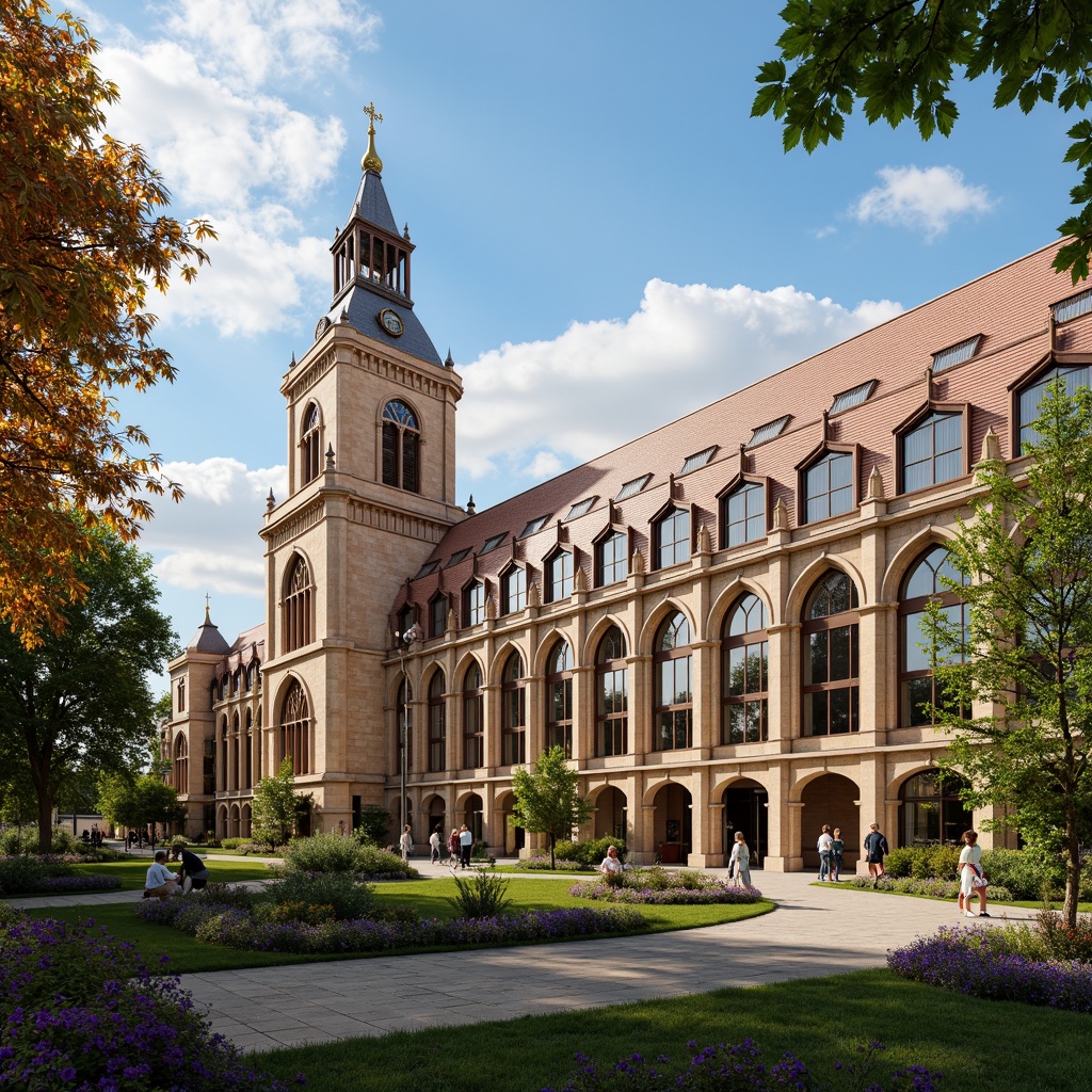 Prompt: Grand university building, ornate roof tiling, Gothic arches, ribbed vaults, flying buttresses, stained glass skylights, intricate stone carvings, classical columns, symmetrical fa\u00e7ade, imposing clock tower, lush greenery, vibrant flowers, sunny day, soft warm lighting, shallow depth of field, 3/4 composition, panoramic view, realistic textures, ambient occlusion.