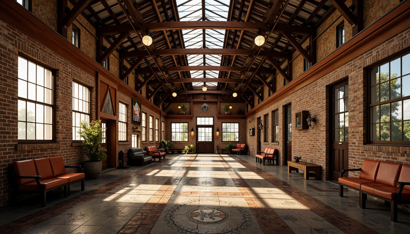 Prompt: Vintage train station, eclectic mix of materials, exposed brick walls, rusty metal beams, reclaimed wood accents, ornate ironwork, stained glass ceilings, intricate tile mosaics, distressed leather benches, antique luggage racks, industrial-style lighting fixtures, warm golden lighting, shallow depth of field, 1/1 composition, realistic textures, ambient occlusion.