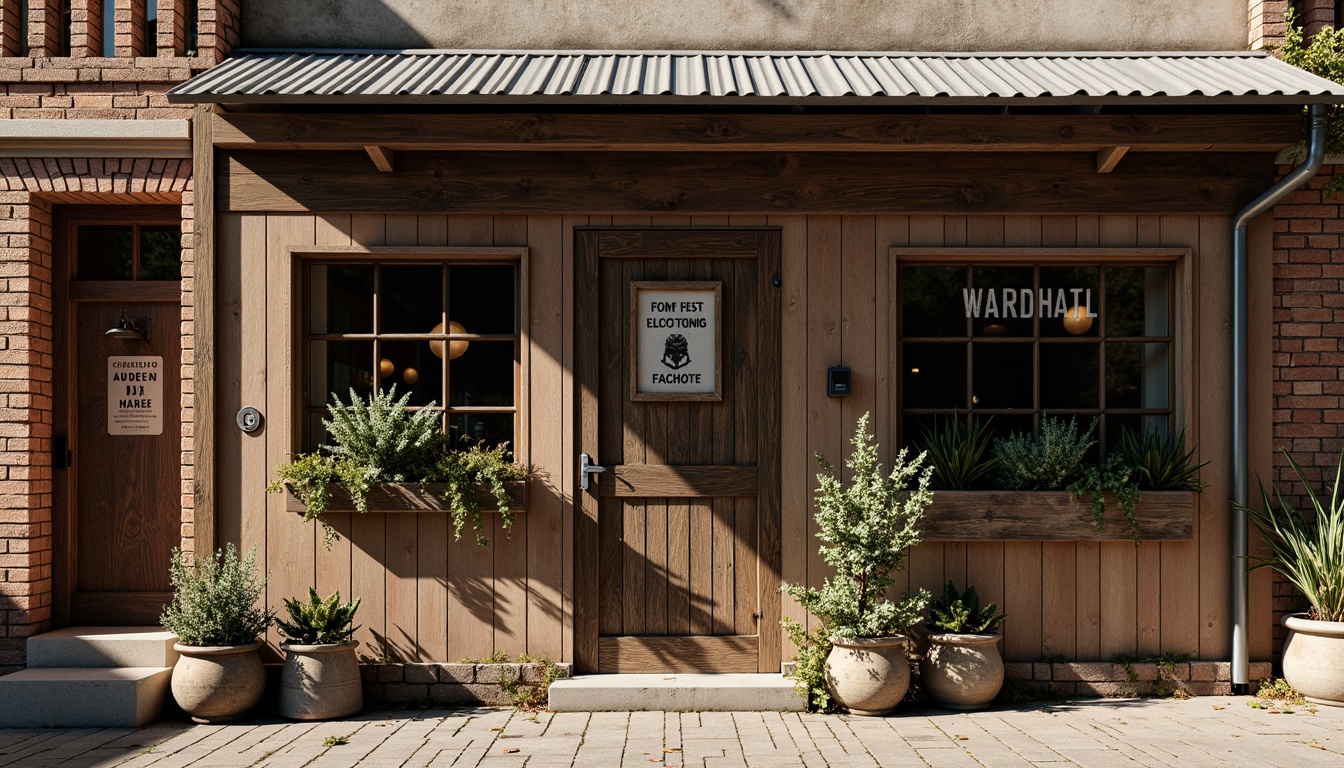 Prompt: Rustic workshop facade, distressed wooden planks, metal cladding, industrial-style windows, exposed brick walls, vintage signage, eclectic architectural details, warm earthy tones, natural stone foundations, overhanging roofs, asymmetrical composition, dramatic shadows, soft diffused lighting, 1/2 composition, realistic textures, ambient occlusion.