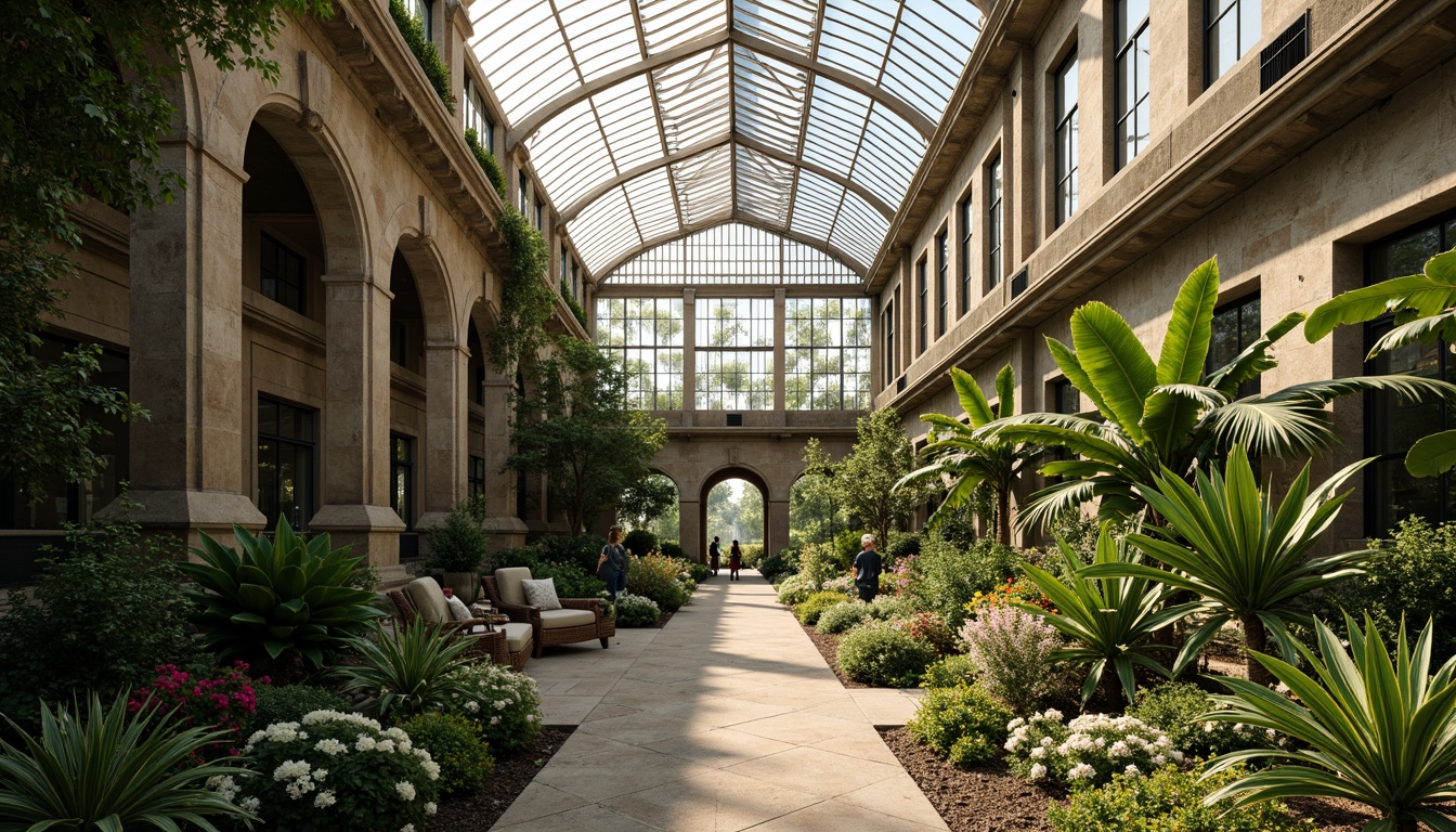 Prompt: Elegant greenhouse, lush greenery, ornate iron frames, Victorian-era inspired architecture, grand entranceways, symmetrical facades, rustic stone walls, curved glass roofs, natural ventilation systems, misting irrigation systems, tropical plants, exotic flowers, soft warm lighting, shallow depth of field, 1/1 composition, panoramic view, realistic textures, ambient occlusion, serene atmosphere, peaceful ambiance.