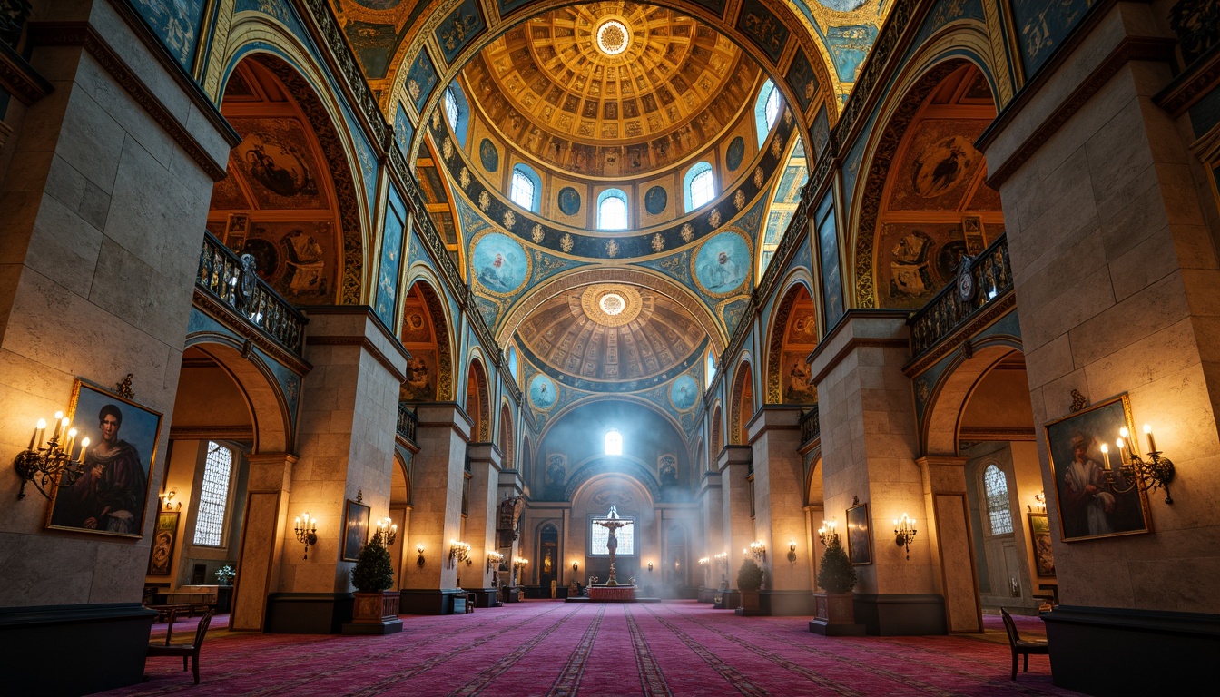 Prompt: Majestic Byzantine church, golden domes, intricate mosaics, rich jewel tones, warm beige stone walls, ornate frescoes, vibrant turquoise accents, regal purple hues, soft candlelight, atmospheric fog, mystical ambiance, high contrast lighting, dramatic shadows, symmetrical composition, ornate details, luxurious fabrics, antique textures, ancient artifacts.