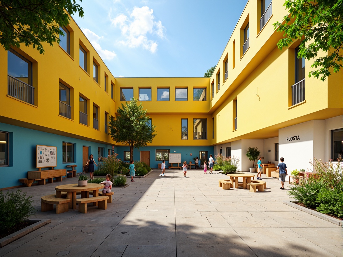 Prompt: Vibrant educational institution, playful kindergarten, bright yellow walls, sky blue accents, greenery-filled courtyards, colorful murals, interactive whiteboards, wooden classroom furniture, natural stone flooring, modern minimalist design, large windows, transparent glass doors, blooming flowers, sunny day, soft warm lighting, shallow depth of field, 3/4 composition, panoramic view, realistic textures, ambient occlusion.