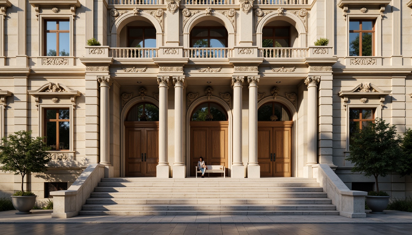 Prompt: Grandiose building facade, ornate columns, intricately carved details, symmetrical composition, classical proportions, limestone or marble materials, subtle color palette, soft natural light, warm afternoon ambiance, shallow depth of field, 2/3 composition, realistic textures, ambient occlusion, ornamental balustrades, decorative friezes, sculpted pediments, grand entranceways, sweeping staircases, elegant archways, refined moldings, luxurious ornamentation.