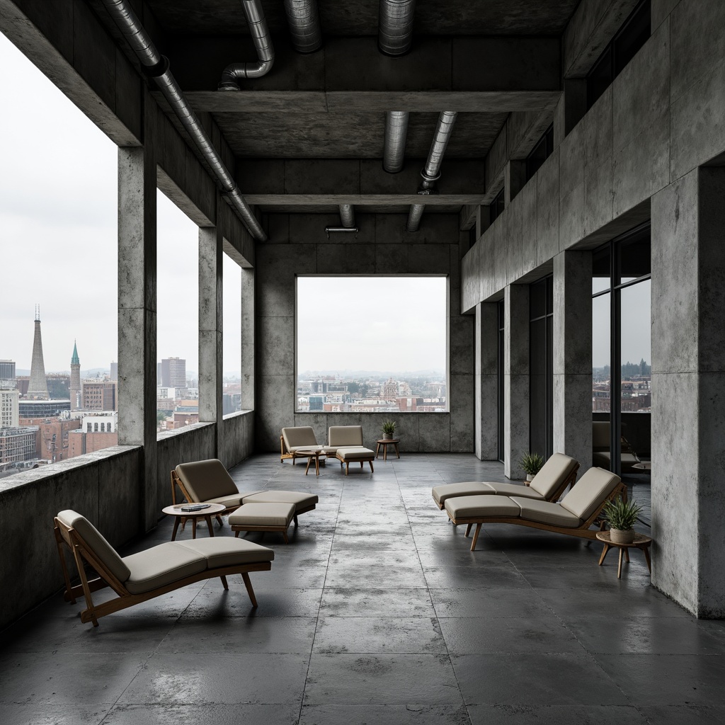 Prompt: Raw concrete walls, exposed ductwork, industrial pipes, metal beams, minimalist decor, functional furniture, monochromatic color scheme, cold harsh lighting, dramatic shadows, brutalist architecture, fortress-like structure, imposing scale, rugged textures, urban landscape views, cityscape backdrop, overcast skies, moody atmosphere, high contrast ratio, 1/1 composition, symmetrical framing, stark realism.