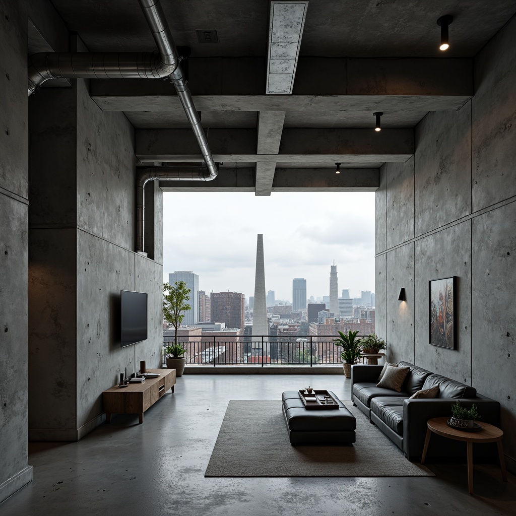 Prompt: Raw concrete walls, exposed ductwork, industrial pipes, metal beams, minimalist decor, functional furniture, monochromatic color scheme, bold geometric shapes, fortress-like architecture, dramatic natural light, high ceilings, brutalist aesthetic, urban landscape views, cityscape backdrop, moody atmospheric lighting, low-key shadows, cinematic composition, gritty textures, realistic materials.