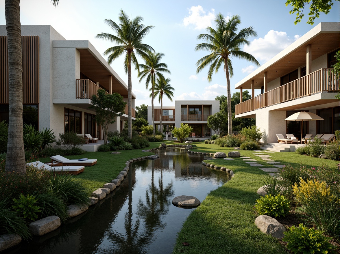 Prompt: Luxurious resort, lush tropical gardens, meandering water features, tranquil ponds, walking trails, outdoor seating areas, modern hospitality architecture, sleek lines, minimalist design, natural stone walls, wooden accents, floor-to-ceiling windows, sliding glass doors, panoramic views, warm ambient lighting, shallow depth of field, 3/4 composition, realistic textures, ambient occlusion.