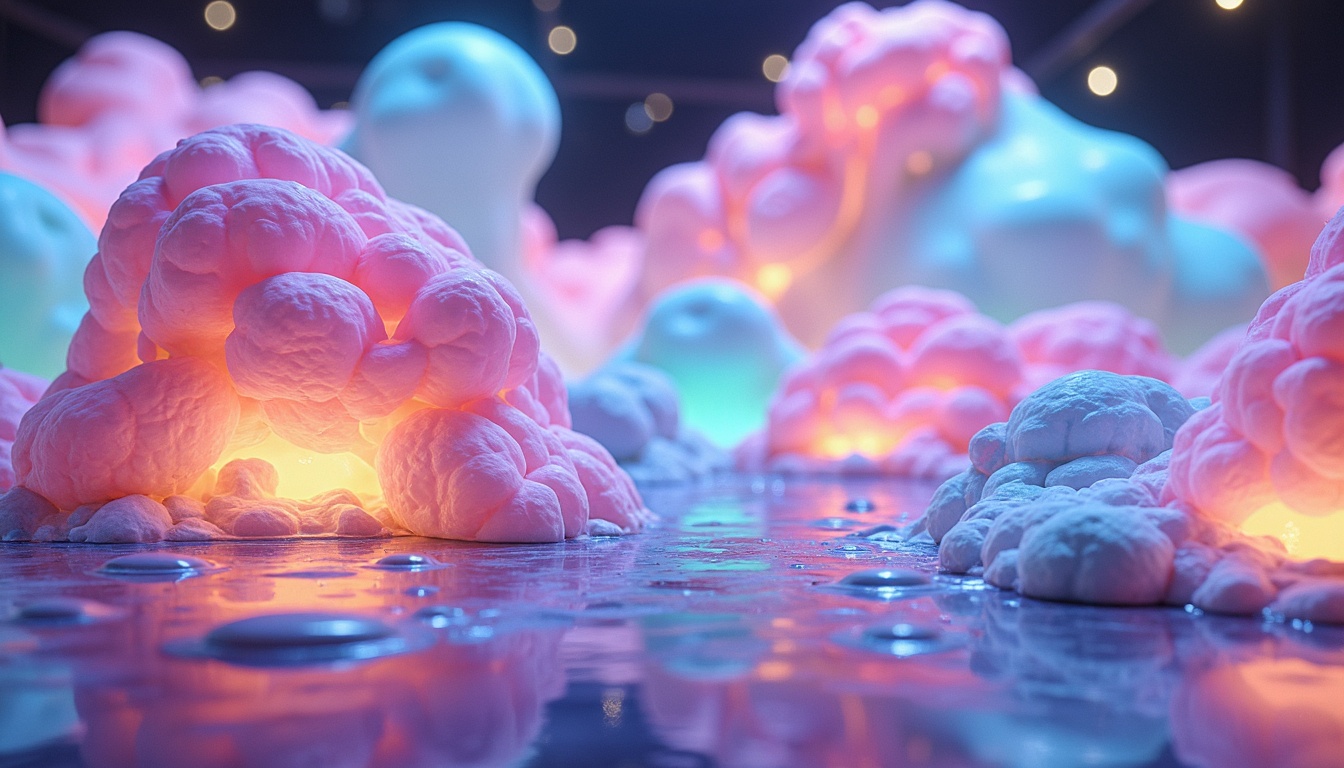 Prompt: Vibrant blob-like structures, iridescent colors, shimmering effects, neon hues, pastel shades, soft gradients, glowing accents, luminescent materials, futuristic ambiance, sci-fi inspired design, abstract shapes, organic forms, fluid dynamics, mesmerizing patterns, holographic textures, prismatic reflections, dreamy atmosphere, ethereal quality, surreal landscapes, otherworldly scenery.