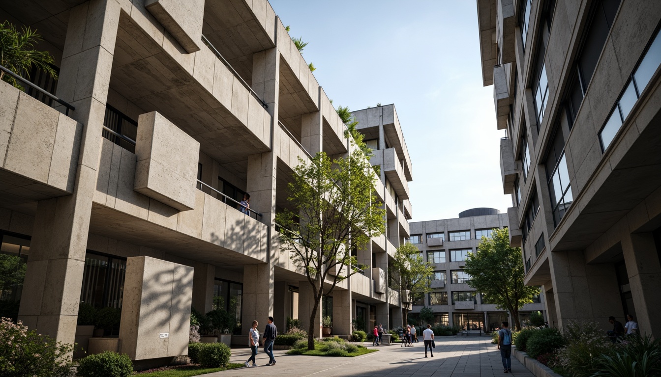 Prompt: Rugged concrete buildings, fortress-like structures, brutalist architecture, raw unfinished surfaces, exposed ductwork, industrial-style lighting, reinforced steel beams, chunky stone walls, geometric shapes, angular lines, monumental staircases, imposing columns, cantilevered roofs, dramatic shadows, high-contrast textures, bold color schemes, urban campus setting, bustling student life, vibrant greenery, abstract sculptures, modern art installations, dynamic camera angles, low-angle shots, cinematic lighting, 2.35