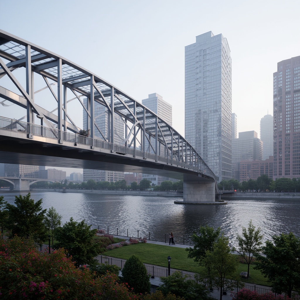 Prompt: Sleek aluminium pedestrian bridge, modern minimalist design, silver metallic latticework, curved lines, futuristic architecture, urban cityscape, misty morning atmosphere, soft warm lighting, shallow depth of field, 3/4 composition, panoramic view, realistic reflections, ambient occlusion, industrial materials, functional simplicity, structural elegance, pedestrian traffic flow, safety railings, LED lighting systems, nighttime illumination, riverbank scenery, waterfront promenade, lush greenery, vibrant flowers.