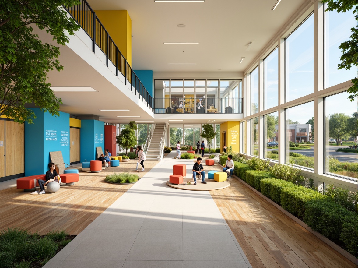 Prompt: Vibrant elementary school, modern streamline architecture, bold primary colors, bright yellow accents, calming blue tones, crisp white walls, polished wooden floors, sleek metal railings, minimalist design, abundant natural light, floor-to-ceiling windows, sliding glass doors, lush greenery, playful outdoor spaces, educational signage, inspirational quotes, motivational murals, collaborative learning areas, flexible seating arrangements, soft warm lighting, shallow depth of field, 3/4 composition, panoramic view, realistic textures, ambient occlusion.