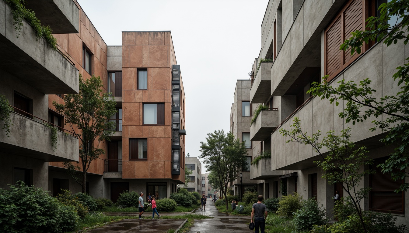 Prompt: Rugged concrete buildings, brutalist architecture, raw industrial textures, exposed ductwork, bold color blocks, earthy tones, weathered steel accents, distressed wood elements, urban campus setting, dense foliage surroundings, misty morning atmosphere, softbox lighting, 1/2 composition, cinematic depth of field, realistic material rendering.