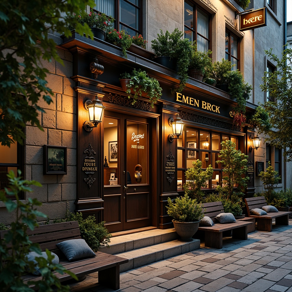 Prompt: Rustic pub exterior, Baroque-inspired fa\u00e7ade, ornate stone carvings, grand entranceways, lantern-style lighting, lush greenery, overflowing flower boxes, meandering cobblestone pathways, natural stone walls, wooden benches, vintage metal signs, warm golden lighting, soft focus, shallow depth of field, 1/2 composition, intimate atmosphere, realistic textures, ambient occlusion.