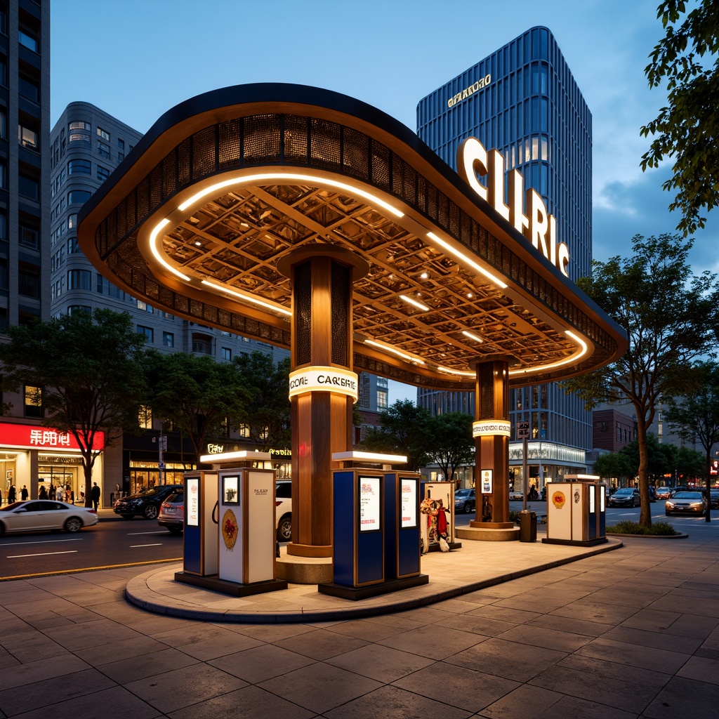 Prompt: Art Deco gas station, ornate metal canopy, vintage fuel pumps, retro-style signage, geometric patterned tiles, curved lines, luxurious materials, metallic accents, bold typography, neon lighting, urban cityscape, busy streets, evening atmosphere, warm golden lighting, shallow depth of field, 1/1 composition, symmetrical framing, high-contrast colors, detailed textures.