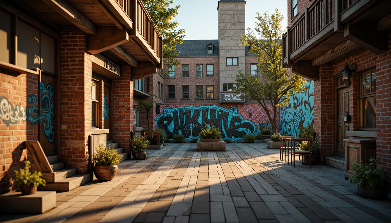 Prompt: Rustic wooden planks, distressed metal sheets, rough stone walls, vibrant graffiti murals, eclectic urban landscapes, gritty industrial textures, weathered brick facades, ornate Victorian-era architectural details, intricate mosaic patterns, warm golden lighting, shallow depth of field, 1/2 composition, realistic ambient occlusion.