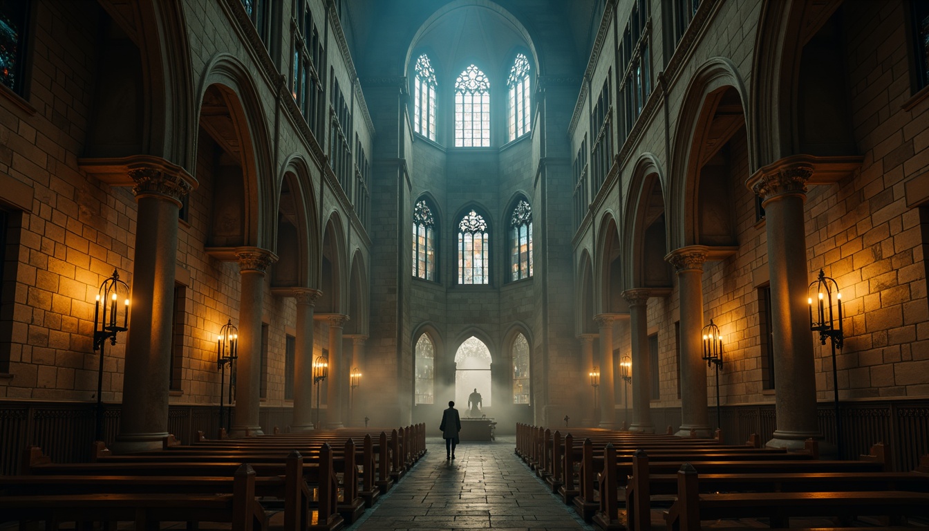 Prompt: Mysterious Gothic cathedral, khaki stone walls, ornate carvings, stained glass windows, grandiose vaulted ceilings, intricate archways, mystical ambiance, warm candlelight, eerie shadows, mysterious fog, misty atmosphere, dramatic lighting, 1/2 composition, low-angle shot, cinematic mood, rich textures, subtle grain.