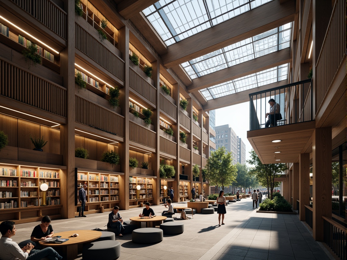 Prompt: Urban library interior, natural light pouring in, floor-to-ceiling windows, wooden shelves, bookshelves, reading tables, comfortable seating areas, warm atmosphere, soft warm lighting, shallow depth of field, 3/4 composition, panoramic view, realistic textures, ambient occlusion, modern architecture, glass roofs, skylights, clerestory windows, urban cityscape views, bustling streets, pedestrians walking by, trees lining the sidewalk.