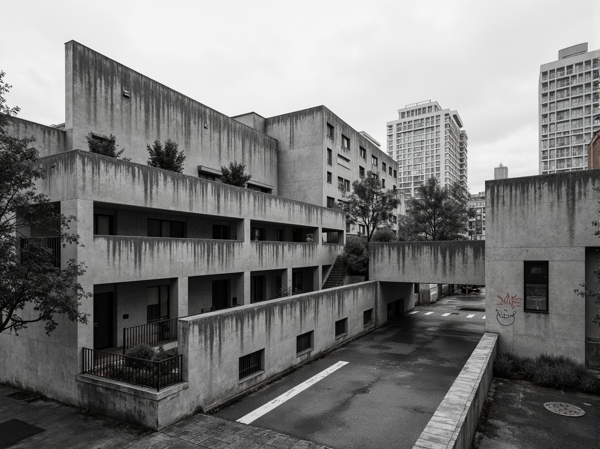 Prompt: Gainsboro-inspired brutalist architecture, monochromatic color scheme, weathered concrete textures, rugged stone walls, industrial metal accents, minimalist ornamentation, functional simplicity, urban cityscape, overcast sky, dramatic shadows, high-contrast lighting, 1/1 composition, symmetrical framing, bold geometric forms, raw materiality, distressed finishes, brutalist typography, abstract graffiti, moody atmospheric effects.