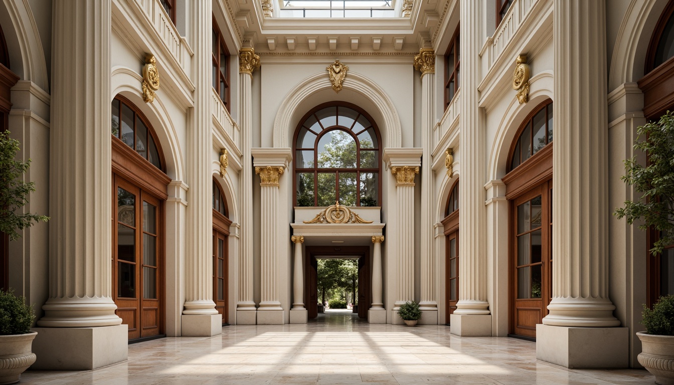 Prompt: Elegant neoclassical architecture, ornate columns, intricately carved details, grandiose entranceways, symmetrical facades, soft creamy whites, warm beige tones, rich gold accents, deep navy blues, subtle earthy browns, luxurious marble textures, ornamental moldings, refined stucco finishes, dramatic chiaroscuro lighting, high contrast ratios, 2/3 composition, atmospheric perspective, realistic reflections, ambient occlusion.