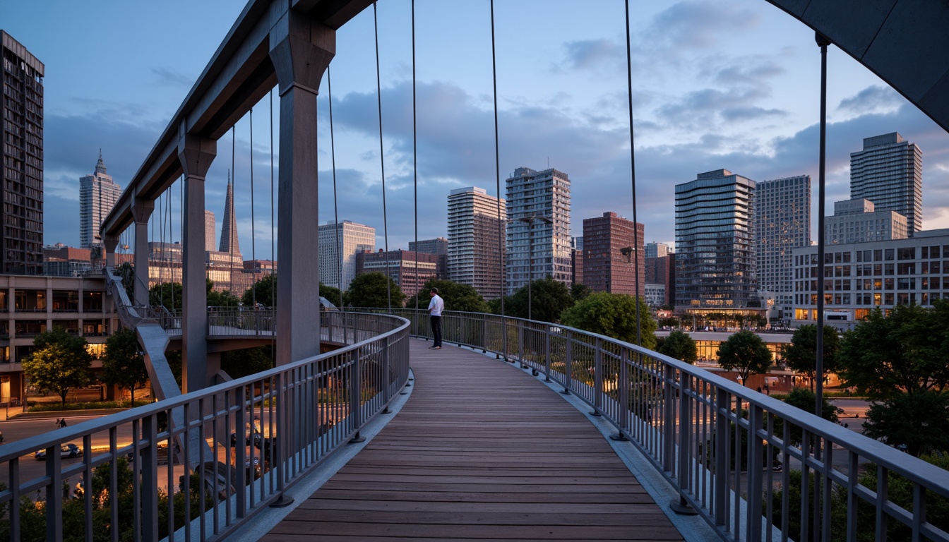 Prompt: Curved pedestrian bridge, sleek metal railings, wooden decking, modern urban landscape, city skyline, vibrant streetlights, bustling streets, dynamic structural elements, cantilevered sections, suspension cables, geometric shapes, minimalist design, functional lighting, safety features, accessible ramps, staircases, observation decks, panoramic views, realistic textures, ambient occlusion, shallow depth of field, 3/4 composition.