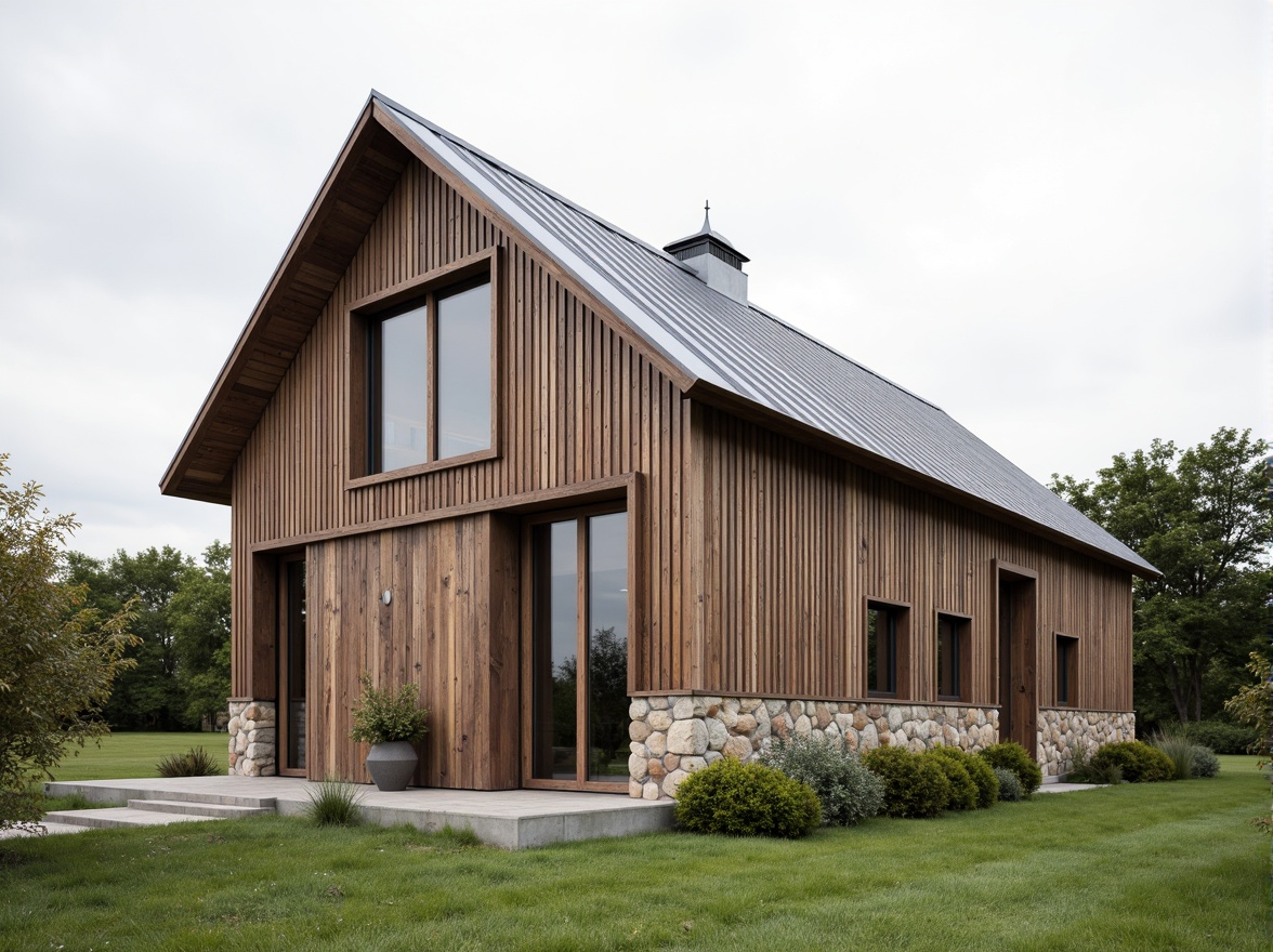 Prompt: Rustic barn, streamlined modern facade, horizontal wooden planks, corrugated metal roofing, industrial-style windows, sliding glass doors, natural stone foundation, minimalist ornamentation, earthy color palette, weathered wood accents, rural landscape, serene countryside, overcast sky, soft diffused lighting, shallow depth of field, 2/3 composition, symmetrical framing, realistic textures, ambient occlusion.