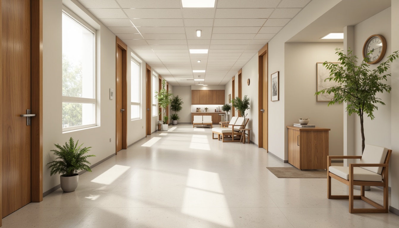 Prompt: Clean hospital corridors, minimalist decor, neutral color palette, natural light, sleek metal handrails, wooden accents, simple furniture, comfortable patient rooms, soft cushioned chairs, calm atmosphere, subtle textures, ambient lighting, shallow depth of field, 1/1 composition, realistic render, modern medical equipment, stainless steel surfaces, sterile environments, peaceful waiting areas, green plants, warm beige tones, gentle color transitions.