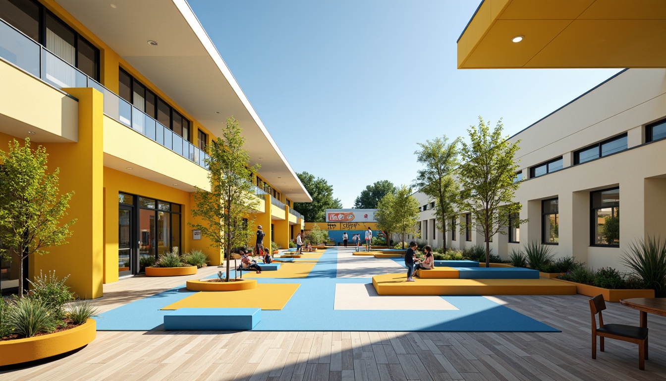 Prompt: Vibrant elementary school, modern streamline architecture, bold primary colors, bright yellow accents, calming blue tones, crisp white walls, polished wooden floors, sleek metal railings, minimalist design, abundant natural light, floor-to-ceiling windows, sliding glass doors, lush greenery, playful outdoor spaces, educational signage, inspirational quotes, motivational murals, collaborative learning areas, flexible seating arrangements, soft warm lighting, shallow depth of field, 3/4 composition, panoramic view, realistic textures, ambient occlusion.