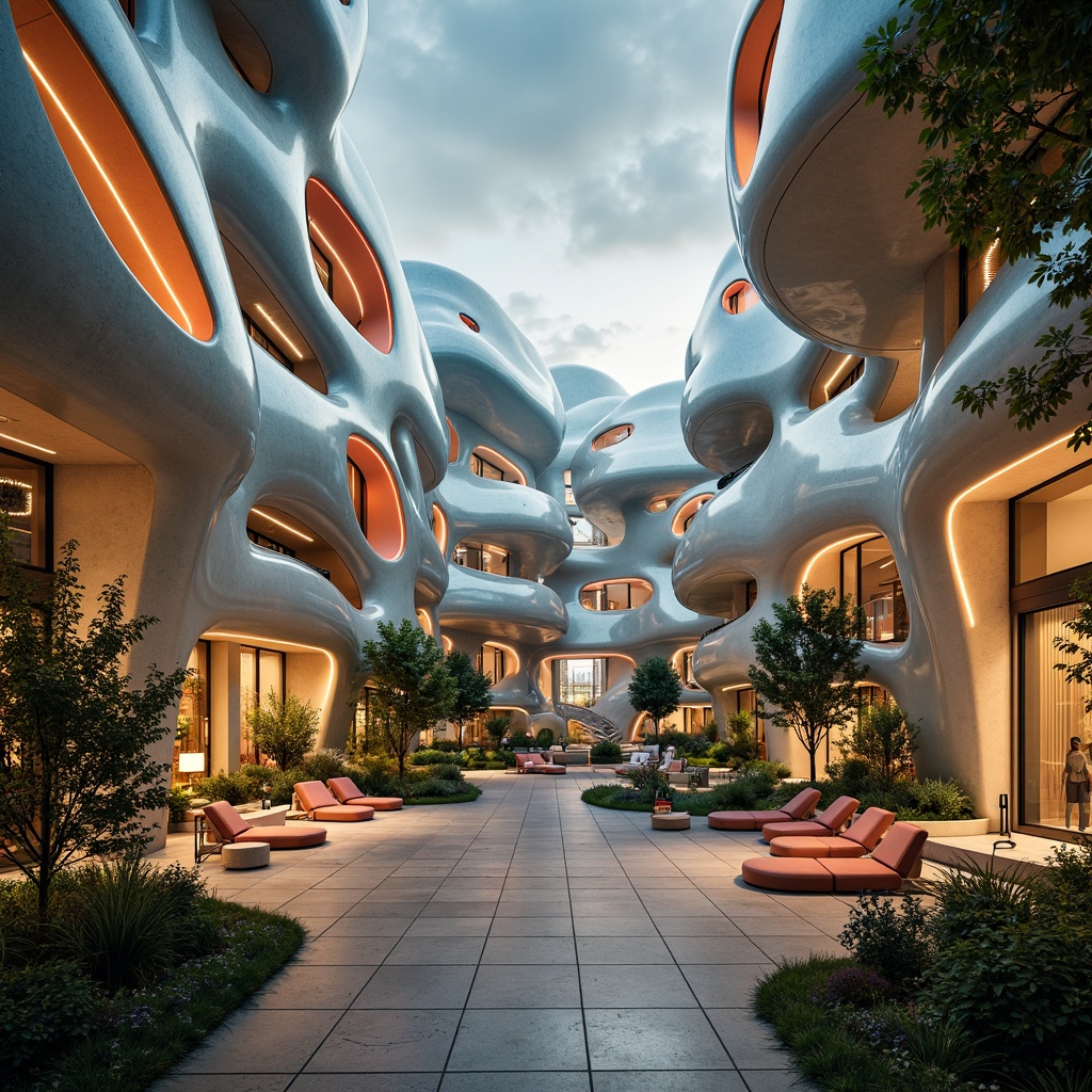 Prompt: Organic blob-shaped buildings, futuristic architecture, iridescent colors, glowing accents, undulating walls, fluid-like furniture, soft pulsing lighting, misty atmosphere, lush greenery, hanging plants, natural stone floors, polished metal surfaces, minimalist decor, cozy reading nooks, curved staircases, panoramic windows, 1/1 composition, shallow depth of field, warm color palette, ambient occlusion.