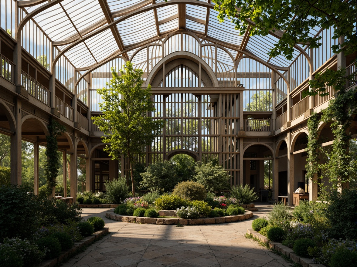 Prompt: Ornate greenhouse facade, lush greenery, elegant Victorian-era details, curved glass roofs, intricate metal frameworks, ornamental ironwork, soft natural light, warm earthy tones, rustic stone walls, climbing vines, blooming flowers, serene atmosphere, shallow depth of field, 1/1 composition, realistic textures, ambient occlusion.