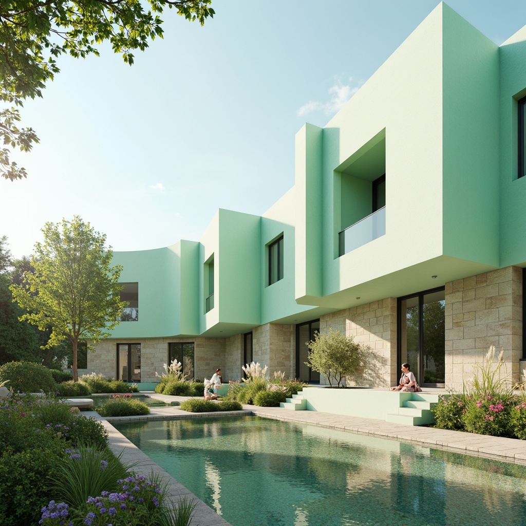 Prompt: Soothing mint-green buildings, soft pastel hues, calming atmosphere, natural stone foundations, curved lines, minimalist design, large windows, sliding glass doors, lush greenery, blooming flowers, serene water features, shallow reflective pools, warm sunny day, gentle misting systems, ambient occlusion, 3/4 composition, panoramic view, realistic textures, modern architecture, eco-friendly materials, innovative cooling technologies.