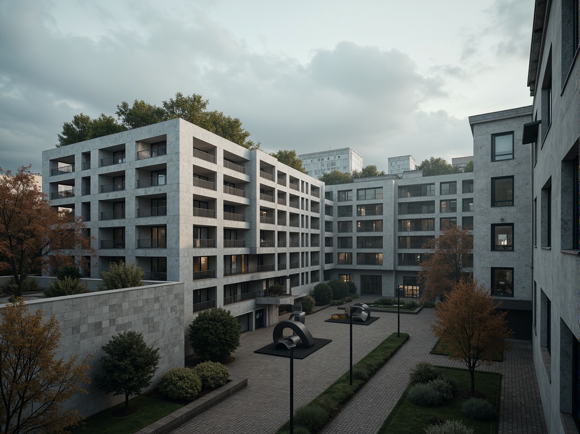 Prompt: Rugged university campus, brutalist architecture, raw concrete facades, fortress-like buildings, geometric shapes, industrial materials, metallic accents, bold color schemes, abstract sculptures, urban landscape, overcast skies, dramatic shadows, high-contrast lighting, cinematic composition, 1/2 frame ratio, atmospheric fog, realistic textures, ambient occlusion.