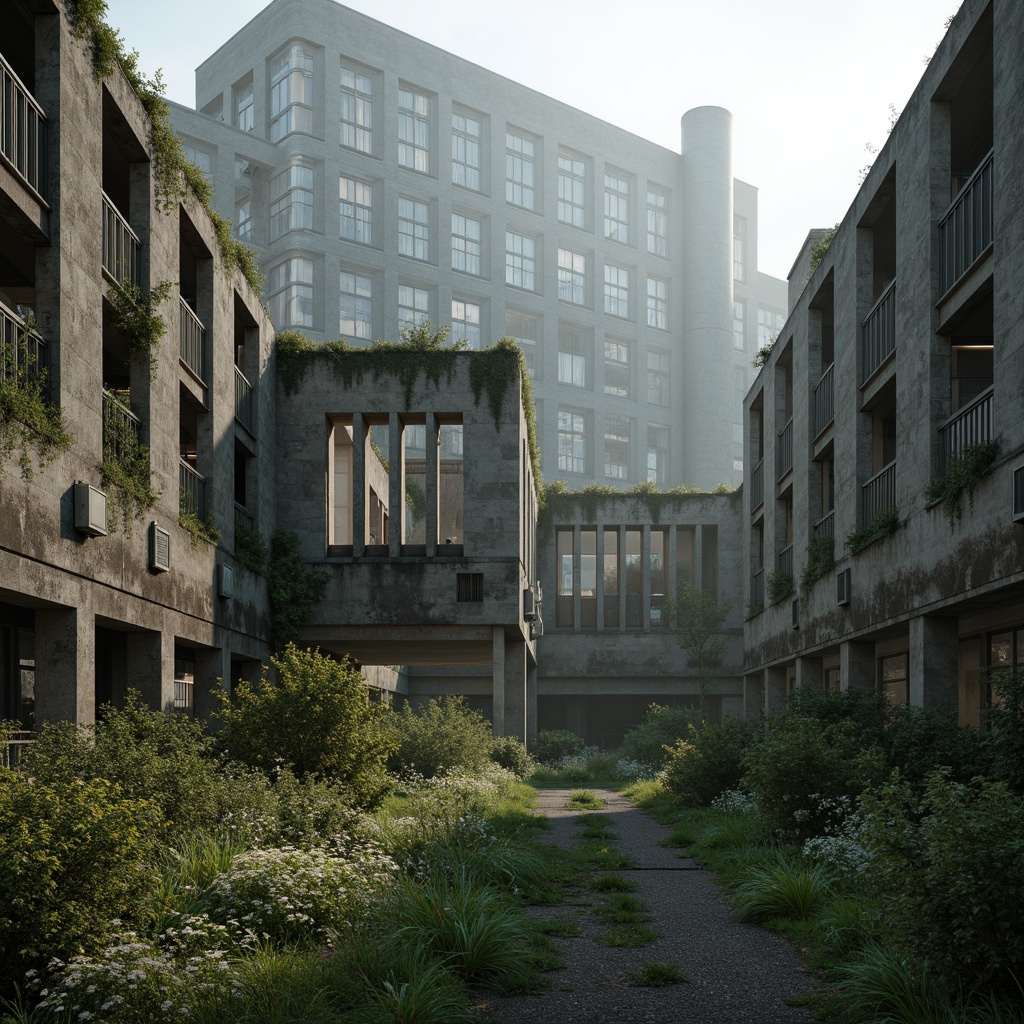 Prompt: Rugged brutalist architecture, raw concrete textures, fortress-like structures, overgrown vegetation, wildflowers, moss-covered walls, industrial landscapes, abandoned factories, crumbling brick facades, distressed metal accents, urban decay, post-apocalyptic atmosphere, dramatic lighting, low-angle shots, cinematic composition, gritty realistic renderings, atmospheric fog effects, misty mornings, eerie silence.