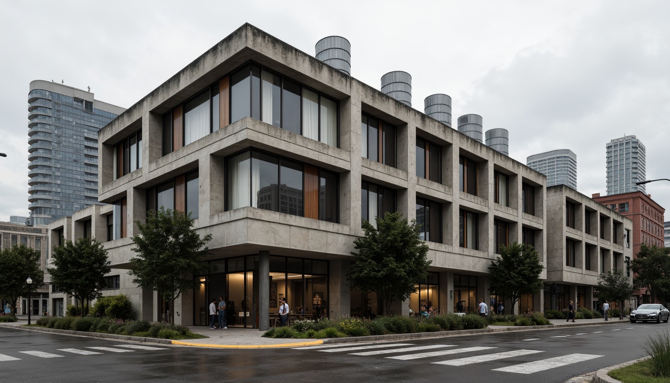 Prompt: Rugged community center, brutalist architecture, raw concrete fa\u00e7ade, fortress-like structure, angular lines, geometric shapes, industrial materials, metal beams, exposed ductwork, urban landscape, cityscape background, overcast sky, dramatic shadows, high-contrast lighting, 1/1 composition, symmetrical framing, abstract textures, ambient occlusion.