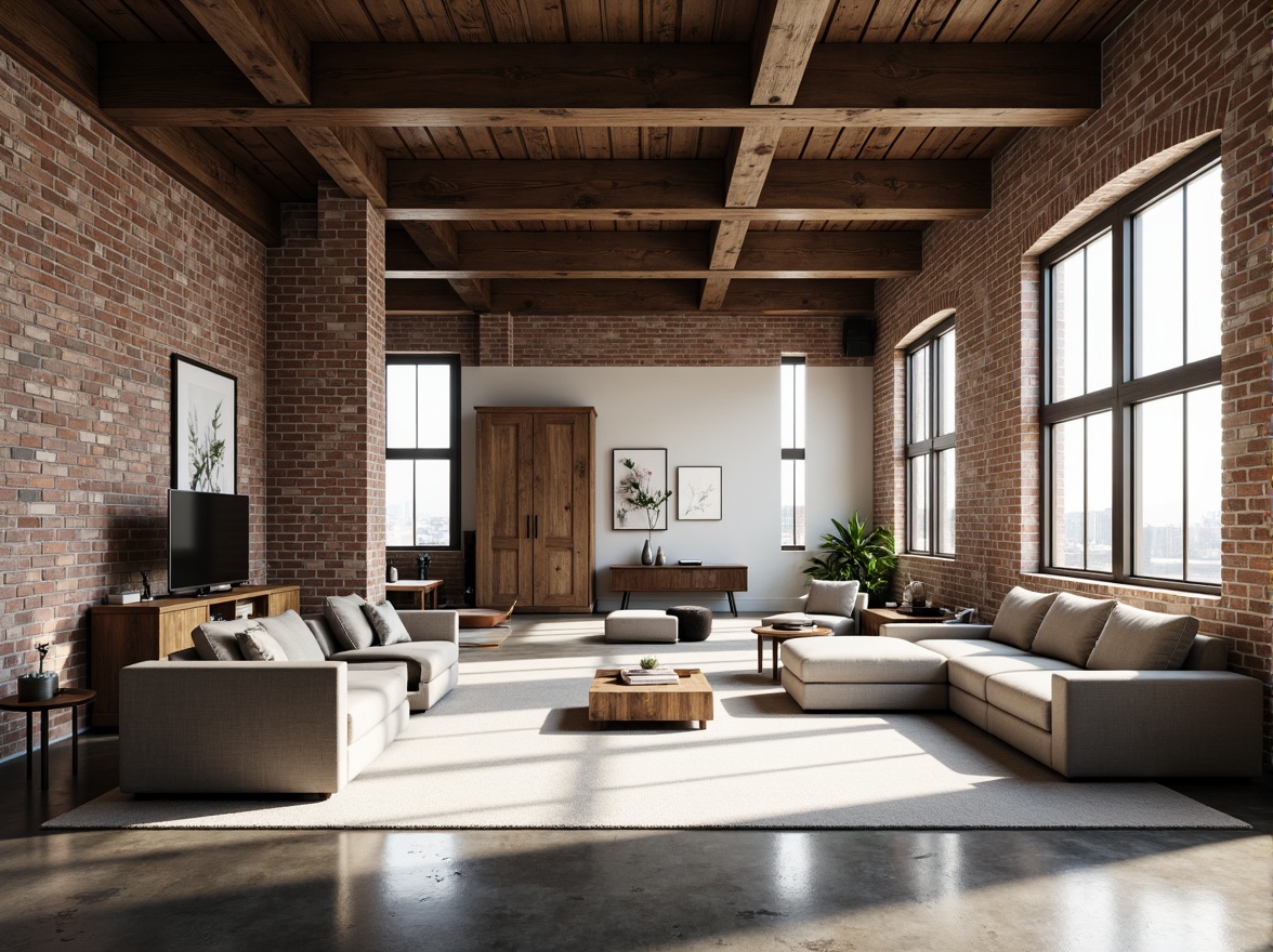 Prompt: Exposed brick walls, industrial metal beams, reclaimed wood accents, polished concrete floors, minimalist decor, modern urban loft, open-plan living space, floor-to-ceiling windows, natural light pouring in, airy atmosphere, sleek lines, geometric shapes, abstract art pieces, monochromatic color scheme, subtle textures, soft warm lighting, shallow depth of field, 3/4 composition, realistic renderings.