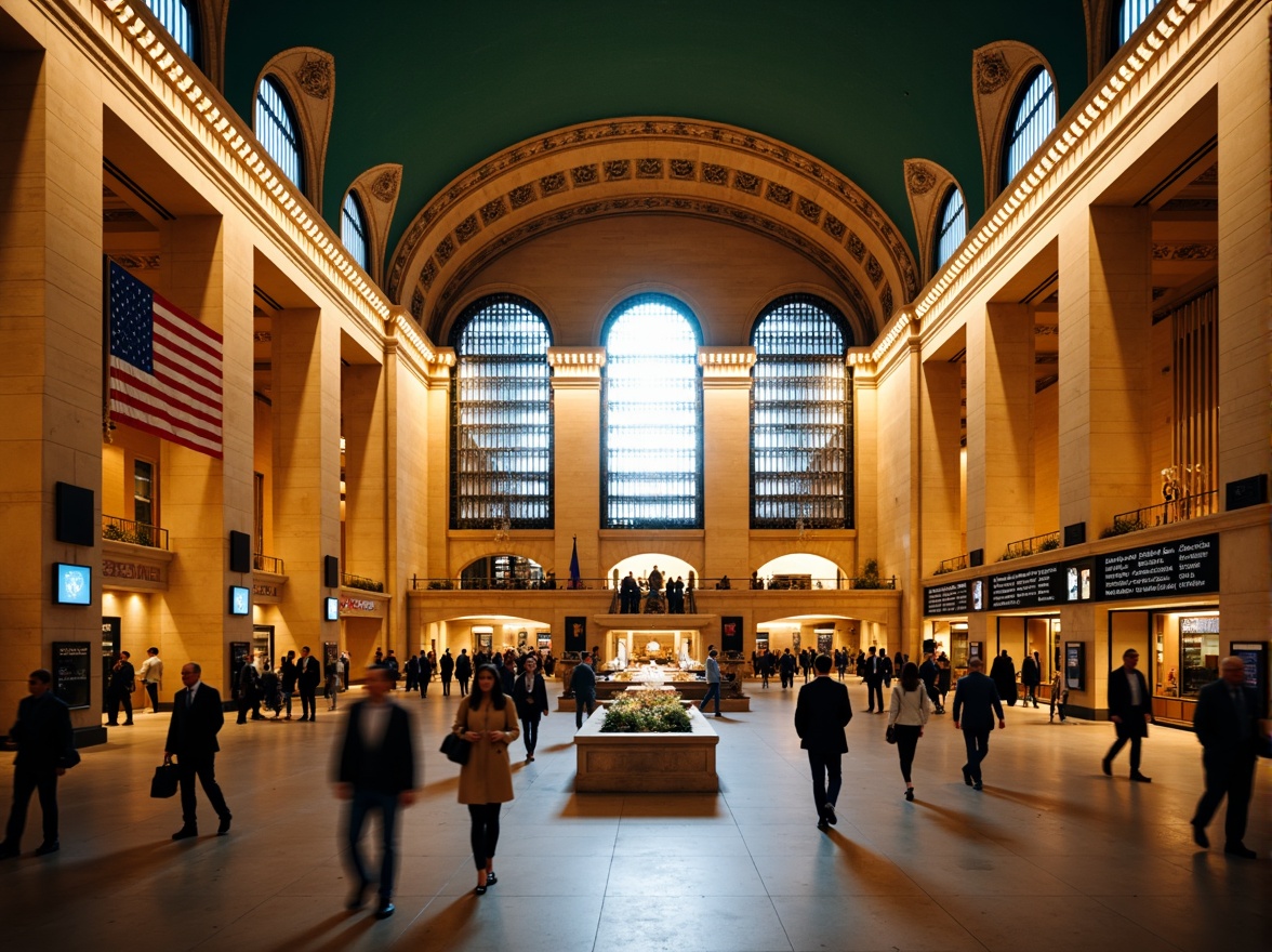 Prompt: Grand central station, ornate metalwork, intricate stonework, vaulted ceilings, majestic archways, elegant chandeliers, refined wooden accents, luxurious textiles, sophisticated signage, bustling atmosphere, morning rush hour, warm golden lighting, shallow depth of field, 1/2 composition, symmetrical framing, realistic reflections, ambient occlusion.