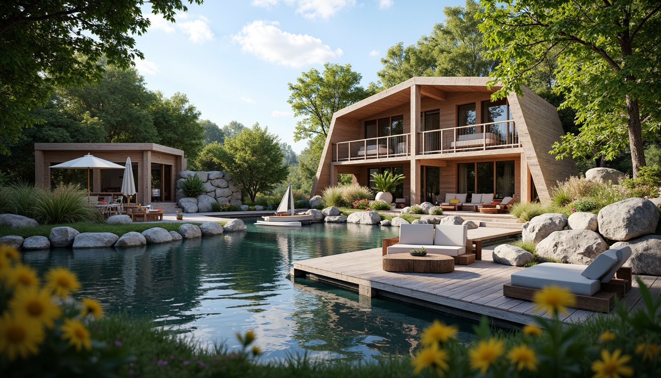 Prompt: Waterfront boathouse, rustic wooden docks, serene lake views, lush greenery, vibrant flowers, natural stone walls, wooden accents, nautical decorations, sailboats, kayaks, paddleboards, tranquil atmosphere, warm sunny day, soft diffused lighting, shallow depth of field, 3/4 composition, panoramic view, realistic textures, ambient occlusion.