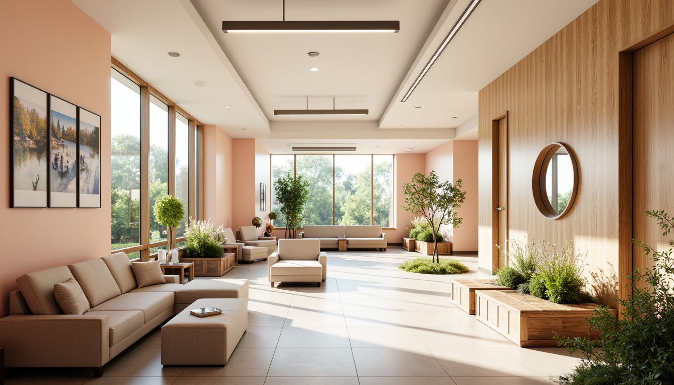 Prompt: Calming hospital interior, soothing color palette, gentle pastel hues, soft peach tones, creamy whites, pale blues, natural wood accents, comfortable seating areas, lush greenery, vibrant flowers, warm lighting, cozy ambiance, relaxing atmosphere, serene patient rooms, peaceful waiting areas, calming corridors, nature-inspired artwork, subtle texture patterns, minimal noise levels, 1/1 composition, soft focus, realistic rendering.