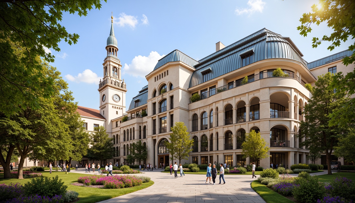 Prompt: Grand university building, ornate roof tiling, Gothic arches, ribbed vaults, flying buttresses, stained glass skylights, intricate stone carvings, classical columns, symmetrical fa\u00e7ade, imposing clock tower, lush greenery, vibrant flowers, sunny day, soft warm lighting, shallow depth of field, 3/4 composition, panoramic view, realistic textures, ambient occlusion.