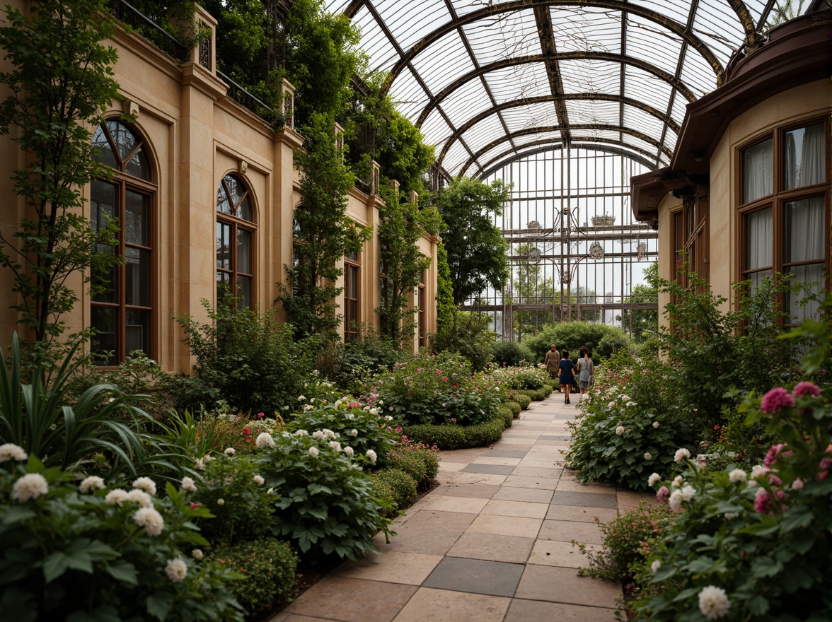 Prompt: Ornate greenhouse facade, lush greenery, elegant Victorian-era details, curved glass roofs, intricate metal frameworks, ornamental ironwork, soft natural light, warm earthy tones, rustic stone walls, climbing vines, blooming flowers, serene atmosphere, shallow depth of field, 1/1 composition, realistic textures, ambient occlusion.