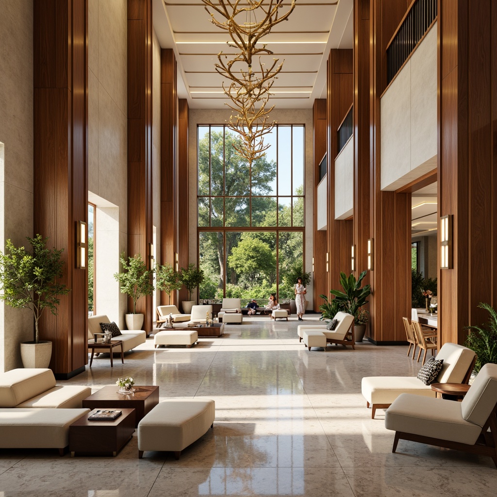 Prompt: Luxurious hotel lobby, rich wood accents, warm beige tones, soft cream hues, velvety upholstery, metallic gold fixtures, elegant chandeliers, sophisticated marble floors, lavish greenery, natural stone walls, floor-to-ceiling windows, abundant natural light, warm ambient lighting, shallow depth of field, 3/4 composition, realistic textures, ambient occlusion.