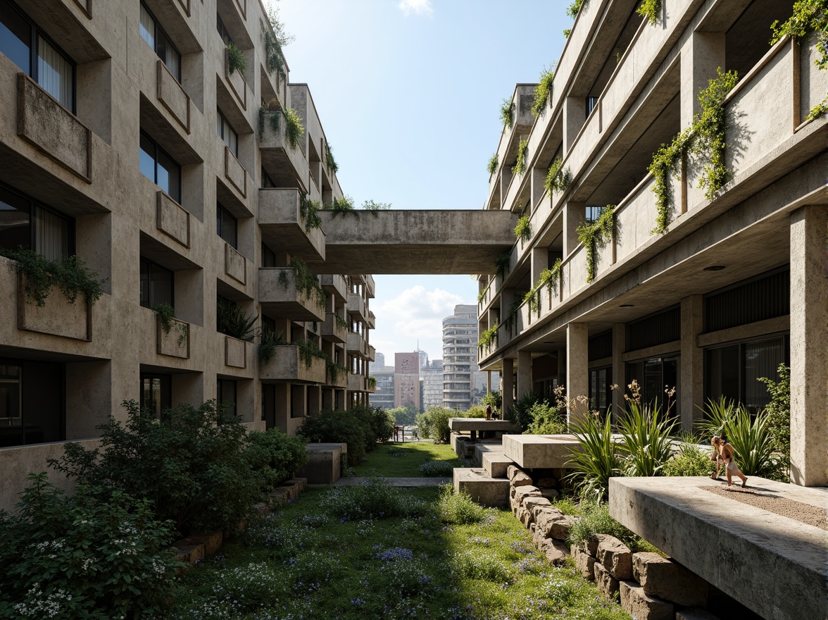 Prompt: Rugged brutalist buildings, raw concrete textures, fortress-like structures, overgrown vegetation, wildflowers, moss-covered walls, weathered steel beams, industrial materials, urban landscape integration, cityscape views, elevated walkways, cantilevered sections, dramatic shadows, harsh natural light, 1/1 composition, symmetrical framing, high-contrast lighting, gritty realistic textures, ambient occlusion.