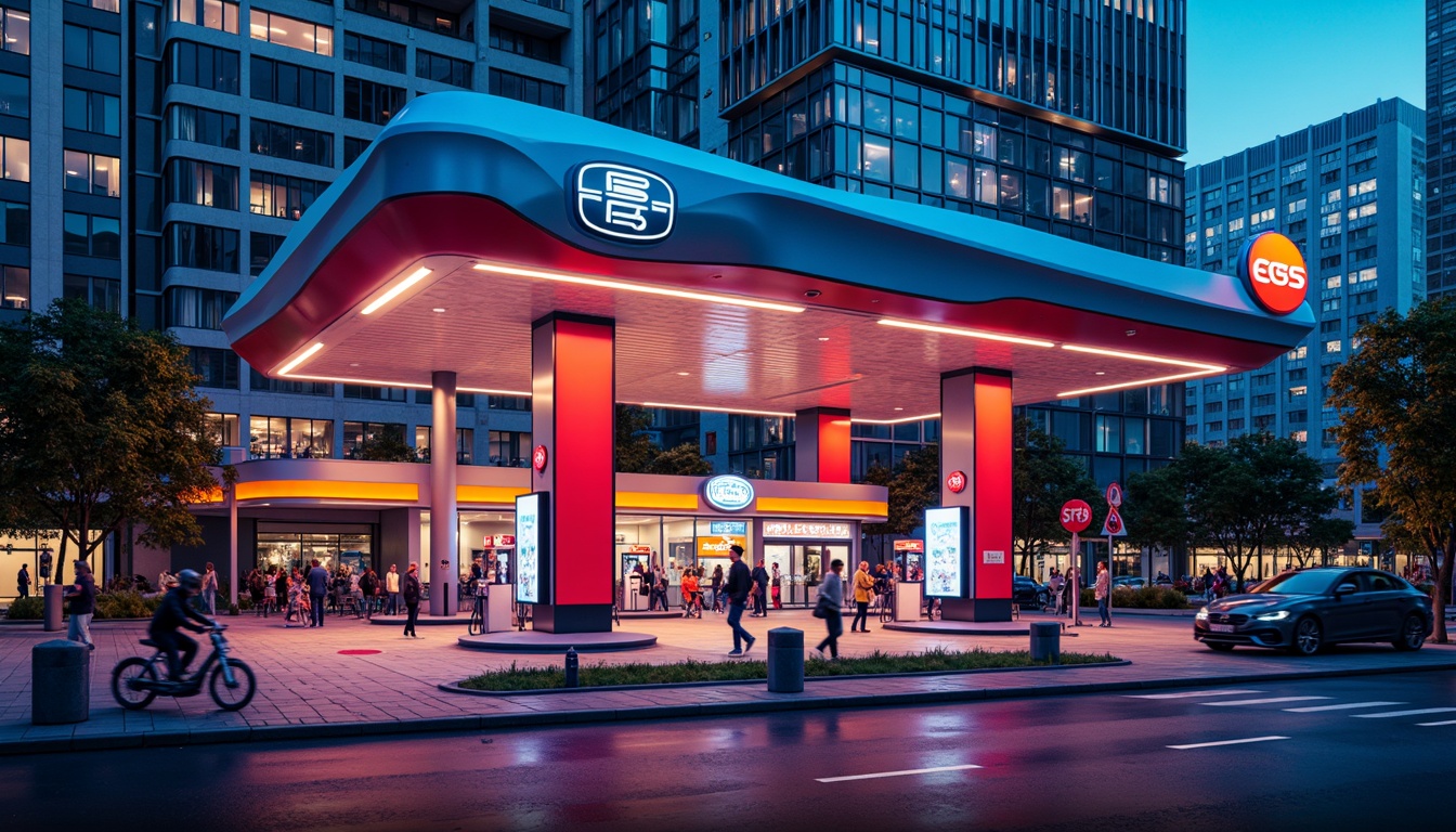 Prompt: Vibrant gas station, bold color scheme, neon lights, futuristic architecture, sleek metal canopies, modern fuel pumps, LED signage, dynamic angular lines, high-contrast colors, electric blue accents, bright yellow highlights, deep red tones, urban cityscape, busy streets, morning sunlight, shallow depth of field, 1/1 composition, realistic textures, ambient occlusion.