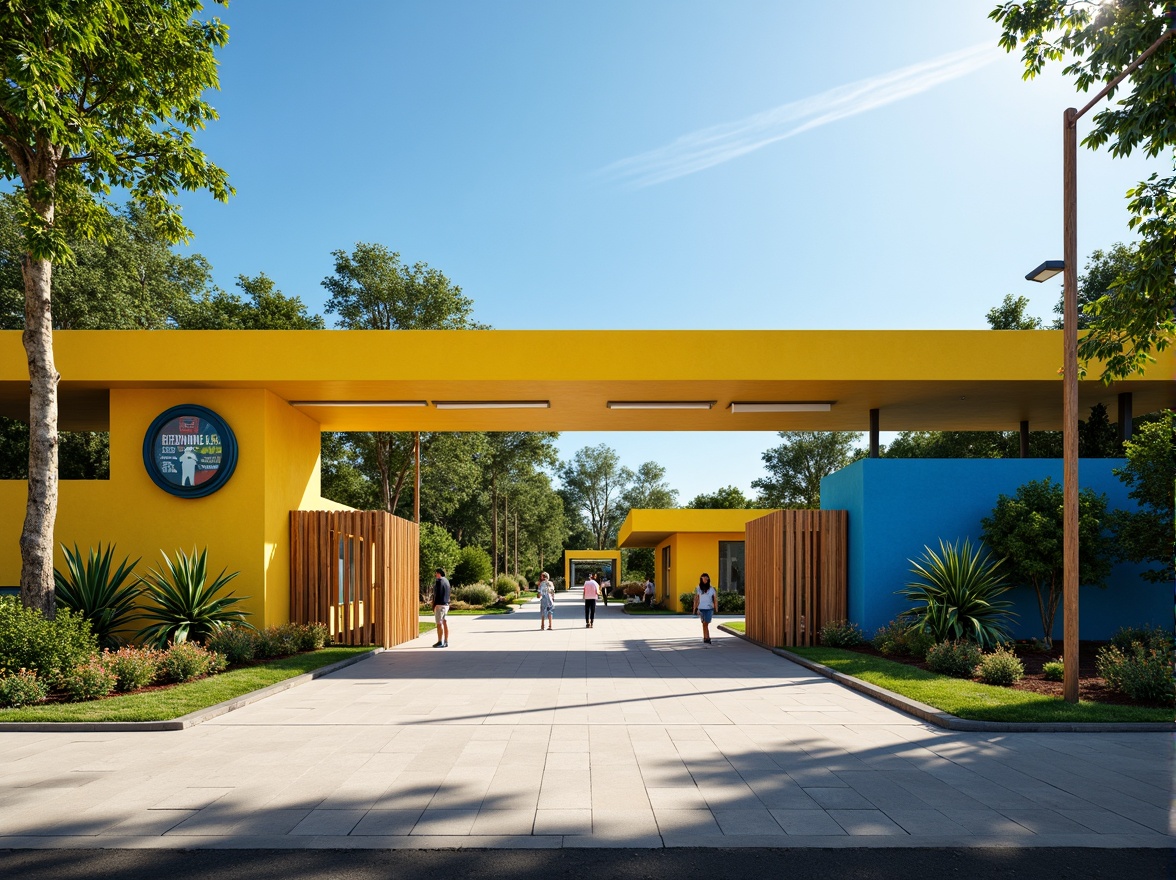 Prompt: Vibrant zoo entrance, streamline moderne architecture, bold primary colors, bright yellow accents, deep blue tones, natural wood textures, sleek metal railings, minimalist signage, lush greenery, tropical plants, sunny day, soft warm lighting, shallow depth of field, 3/4 composition, panoramic view, realistic animal textures, ambient occlusion.Please let me know if this meets your requirements!