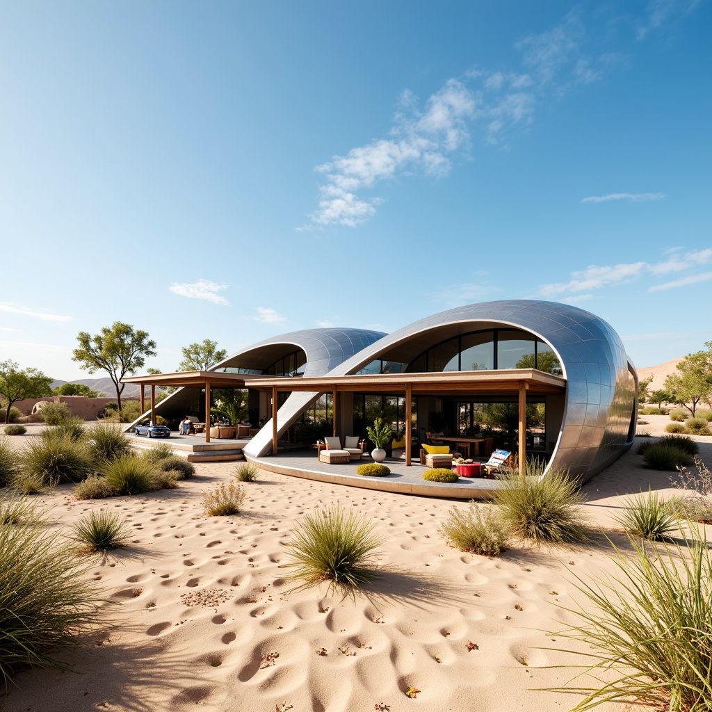 Prompt: Eco-friendly futuristic residence, curved lines, metallic materials, solar panels, green roofs, wind turbines, water conservation systems, innovative cooling technologies, shaded outdoor spaces, misting systems, minimalist interior design, recycled glass surfaces, sustainable wood accents, vibrant colorful textiles, intricate geometric motifs, desert landscape, sandy dunes, cactus plants, hot sunny day, clear blue sky, vast open space, panoramic view, realistic textures, ambient occlusion.