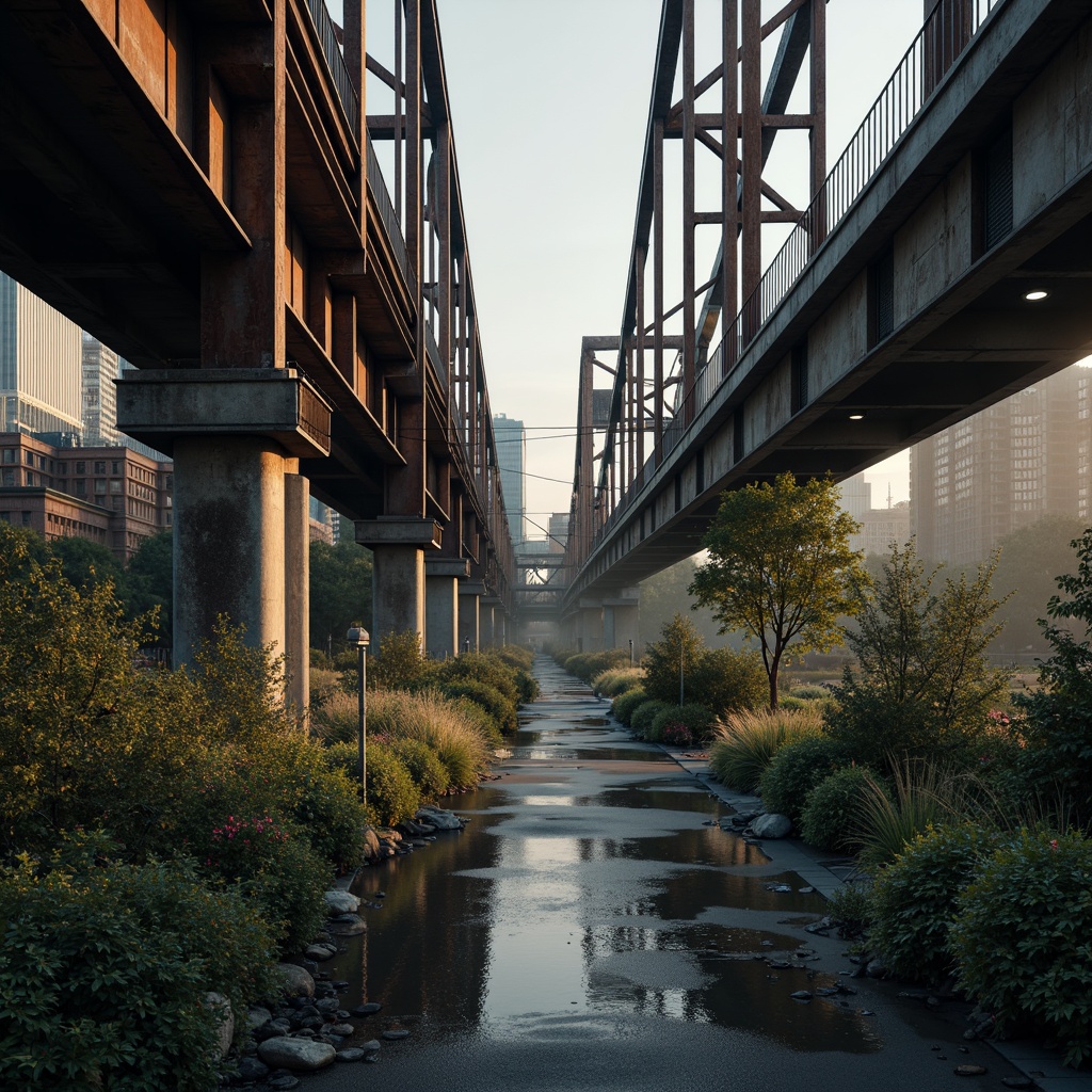 Prompt: Rustic steel bridges, industrial-era aesthetic, weathered metal textures, warm earthy tones, muted blue-grey hues, rich brown wood accents, natural stone foundations, misty atmospheric effects, soft golden lighting, shallow depth of field, 2/3 composition, cinematic view, realistic reflections, ambient occlusion.