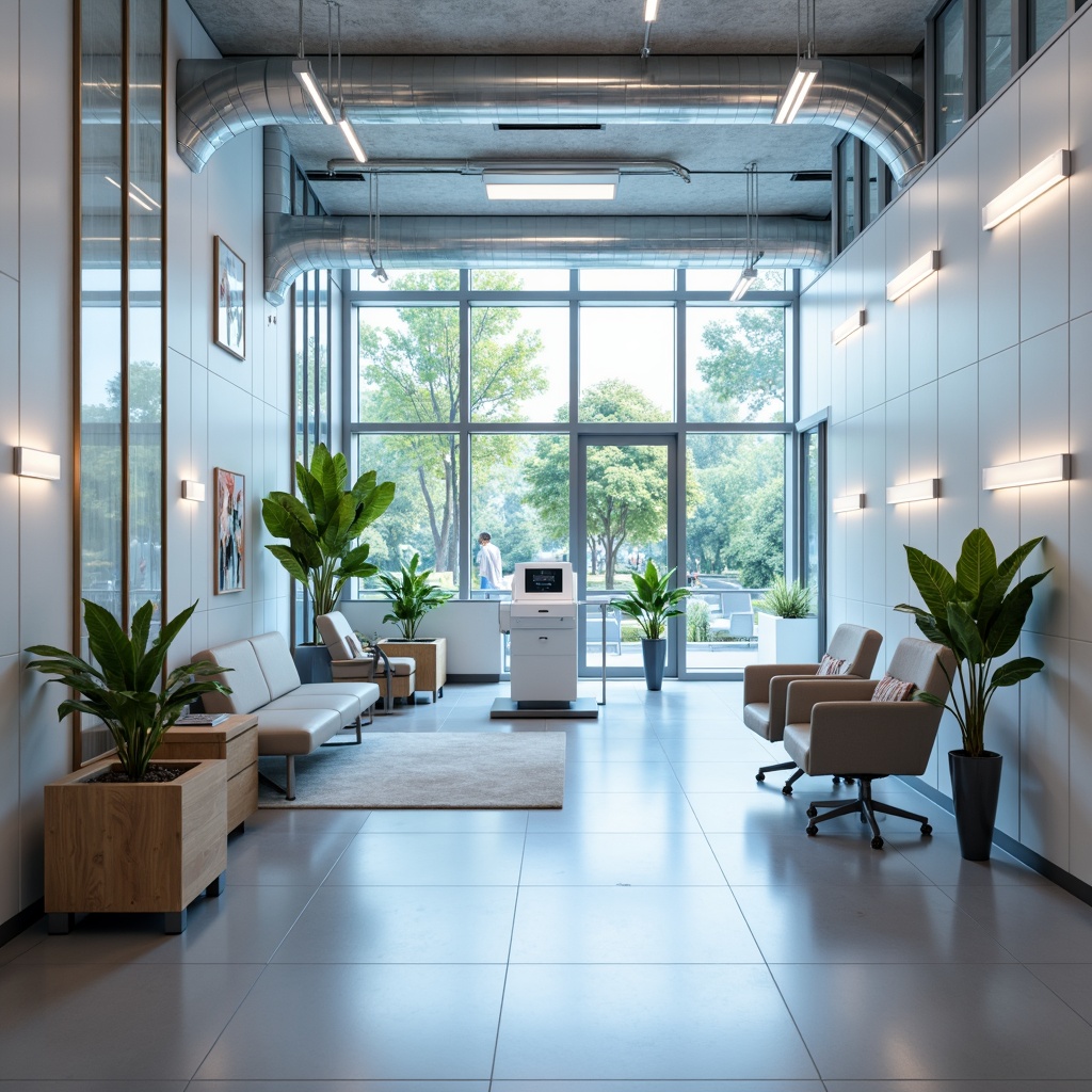 Prompt: Modern high-tech clinic interior, sleek metal frames, minimalist design, sterile white walls, polished chrome fixtures, advanced medical equipment, futuristic lighting systems, soft blue ambient glow, comfortable waiting areas, ergonomic seating, natural wood accents, calming greenery, floor-to-ceiling windows, abundant natural light, 1/1 composition, shallow depth of field, realistic textures, ambient occlusion.