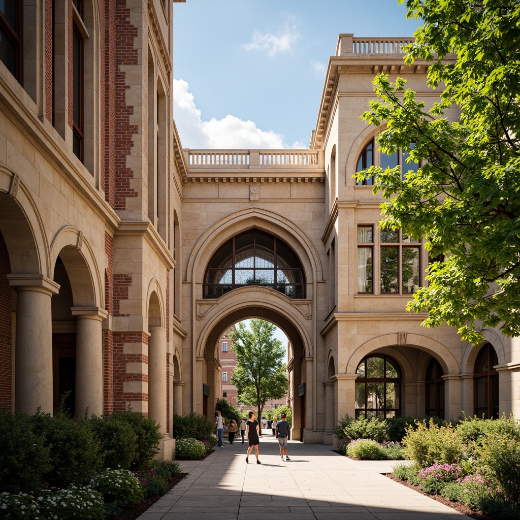 Prompt: Grand university campus, Romanesque archways, ornate stone carvings, rusticated columns, rounded arches, vaulted ceilings, intricate moldings, warm beige stonework, lush greenery, vibrant flowers, educational signage, natural stone walkways, brick buildings, historic architecture, large windows, stained glass doors, blooming trees, sunny day, soft warm lighting, shallow depth of field, 3/4 composition, panoramic view, realistic textures, ambient occlusion.