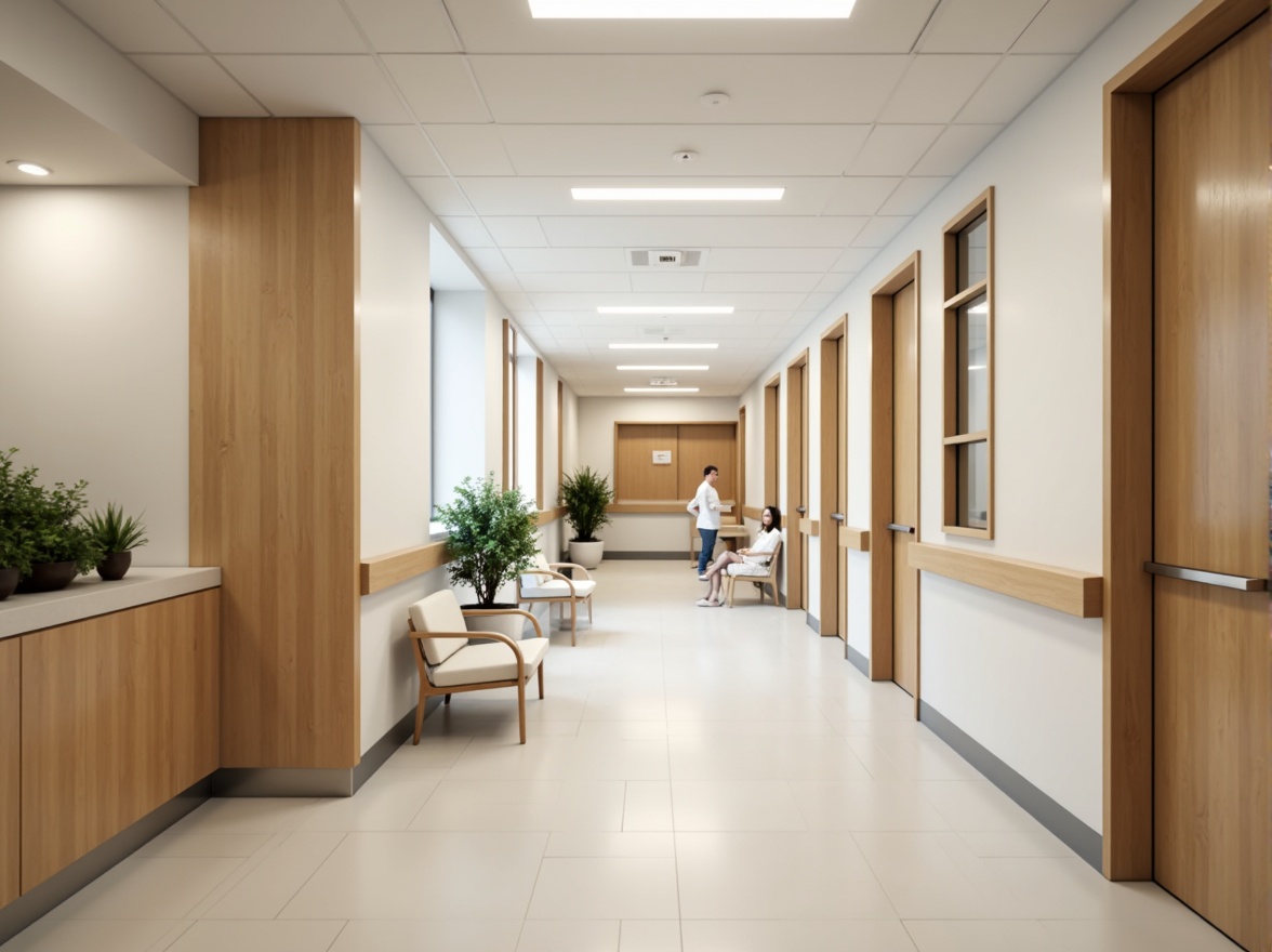 Prompt: Clean hospital corridors, minimalist decor, neutral color palette, natural light, sleek metal handrails, wooden accents, simple furniture, comfortable patient rooms, soft cushioned chairs, calm atmosphere, subtle textures, ambient lighting, shallow depth of field, 1/1 composition, realistic render, modern medical equipment, stainless steel surfaces, sterile environments, peaceful waiting areas, green plants, warm beige tones, gentle color transitions.