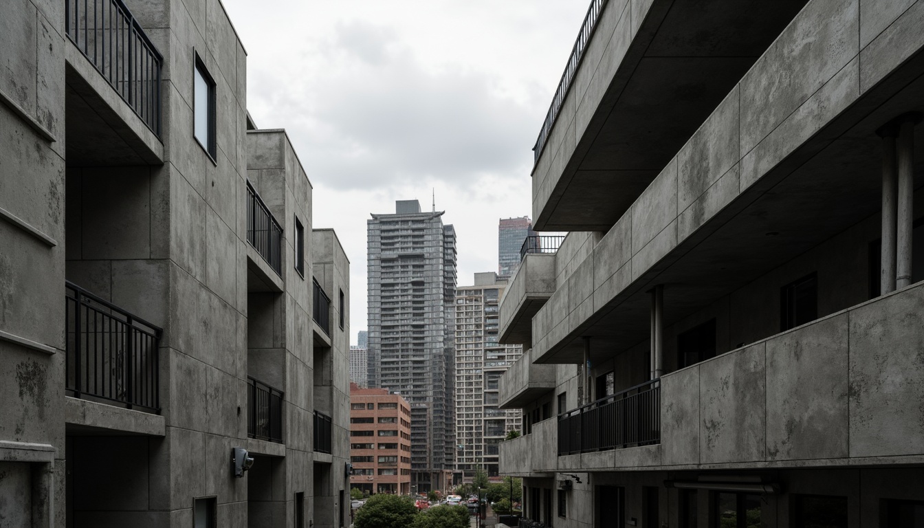 Prompt: Exposed concrete walls, rugged textures, industrial pipes, raw steel beams, minimalist balconies, brutalist architecture, urban cityscape, gloomy overcast sky, dramatic shadows, high-contrast lighting, bold geometric forms, functional simplicity, distressed finishes, poured-in-place concrete, cold monochromatic color palette, 1/1 composition, low-angle shot, cinematic atmosphere, gritty realistic textures.